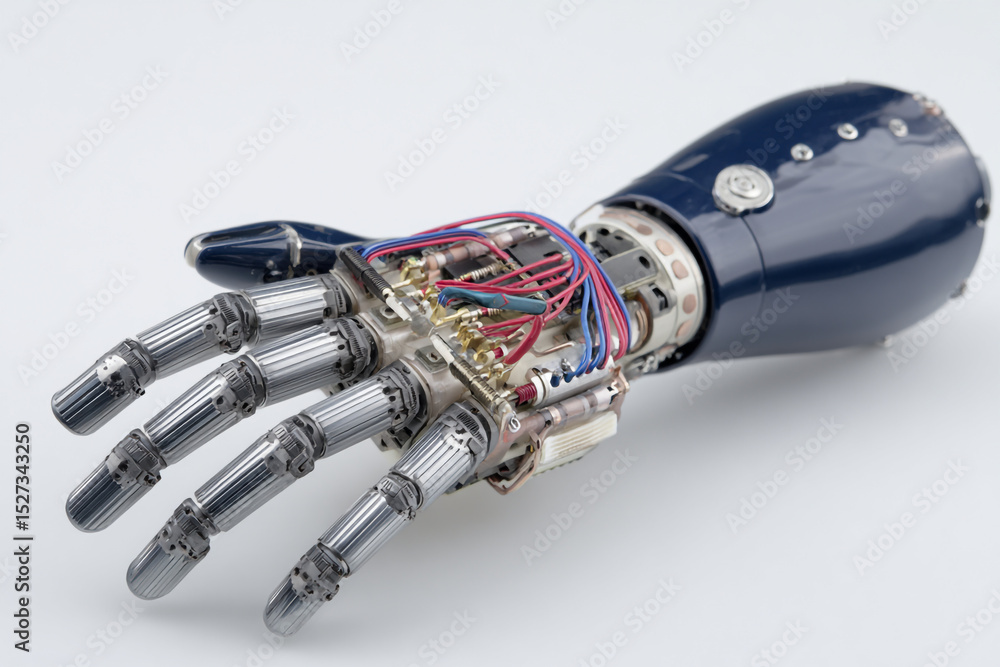 Poster a robotic hand with visible wires and metal components against a plain white background in a studio 