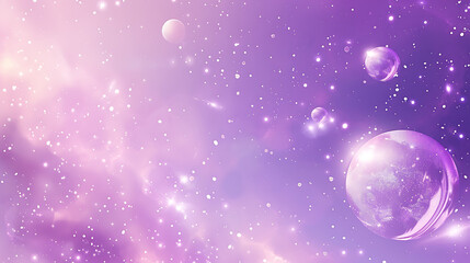 Dreamy purple nebula with glowing stars and transparent spheres creates a magical cosmic scene
