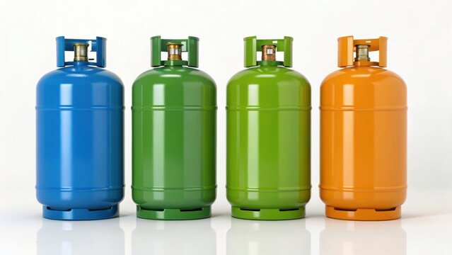 Four colorful gas cylinders arranged in a row on a white background.