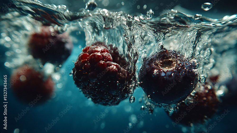 Poster close-up image of various fresh berries submerged in water creating a splash effect