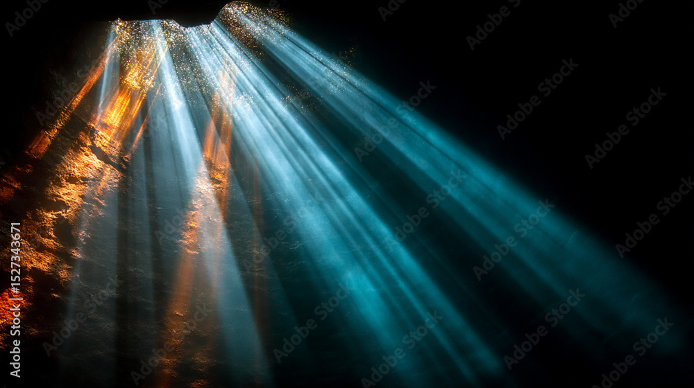 Poster beautiful rays of light shining through a cave, creating a stunning visual effect