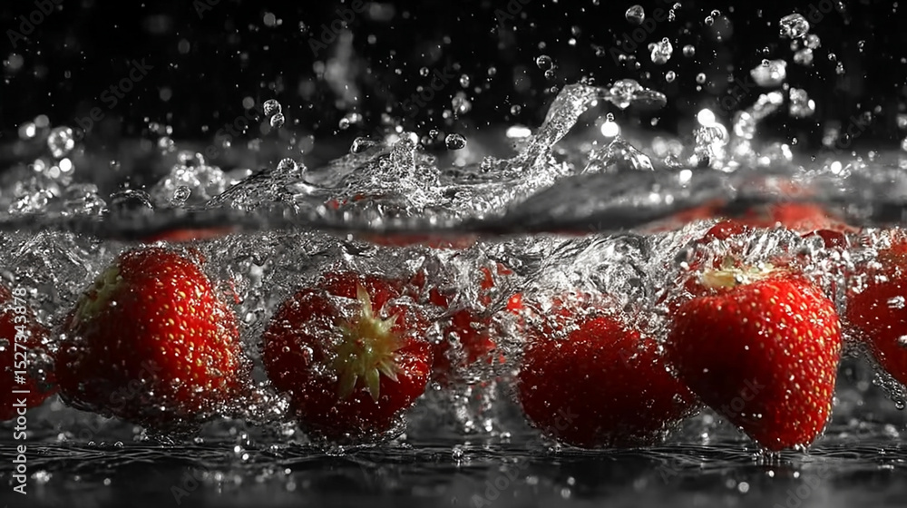 Poster dynamic image of strawberries submerged in water with water splashes and bubbles