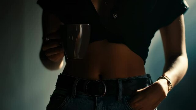 Stylish young woman holds a coffee mug, her toned midriff exposed beneath a knotted shirt and jeans, illuminated by dramatic, cinematic lighting