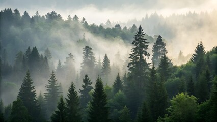 Misty Forest with Sunlight Streaming Through Pine Trees	