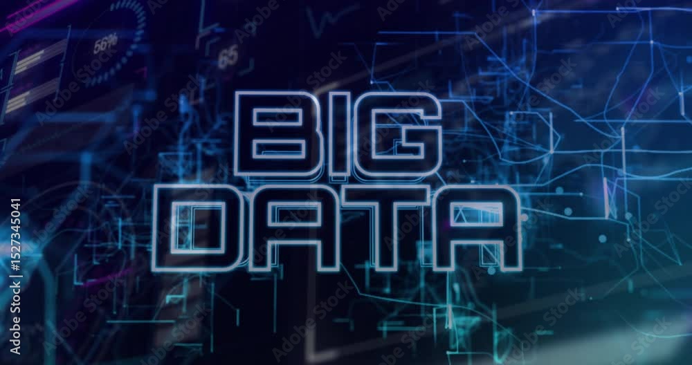 Poster glitching 3d ui combining letters into glowing big data while pulsing visuals for analytics