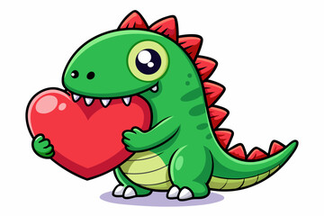 Adorable Green Dinosaur Holding a Big Red Heart Cartoon Illustration