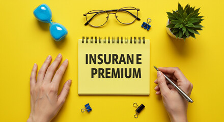 Overhead shot of insurance premium note with hands pen glasses and hourglass on yellow background