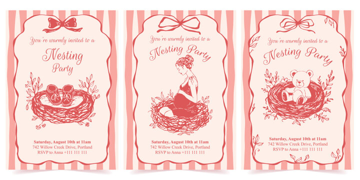 Nesting party invitation set with hand-drawn vector illustrations. Featuring a pregnant woman in a nest, baby booties, framed with a bow and delicate branches. Suitable for baby shower designs - Powered by Adobe