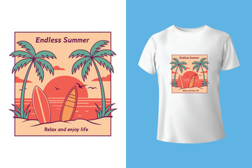 Sunset Beach Silhouette T-Shirt Design &ndash; Bold Contrast Scene with Palms and Ocean