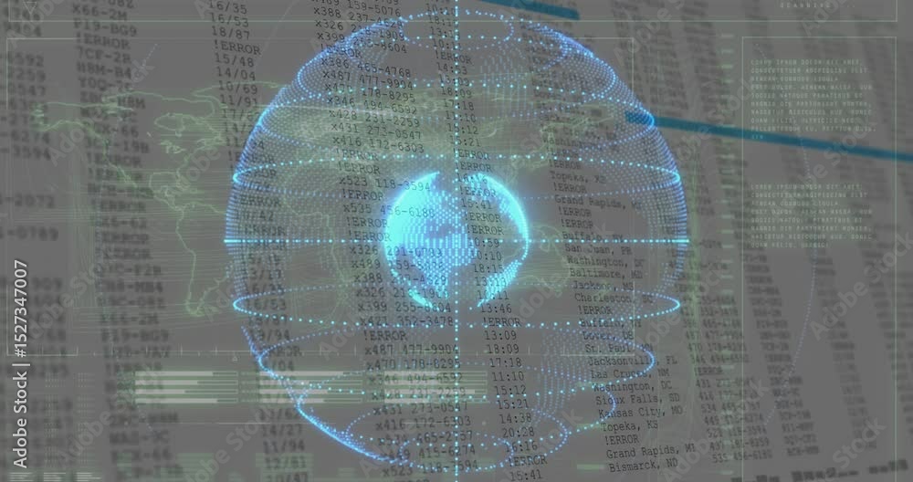 Poster on fade-in holographic globe spinning while rings materializing and pulsing to visualize data flow