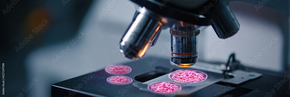 Poster close up of a microscope examining pink cell samples on a slide in a laboratory setting clearly visi