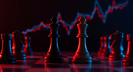 Naklejka premium A chessboard with chess pieces under red and blue lighting with a stock chart in the background