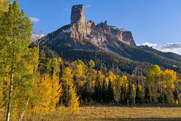 Autumn at Chimney Peak - A colorful Autumn evening view of Chimney Peak, as seen from Owl Creek Pass Road, Ridgway, Colorado, USA.