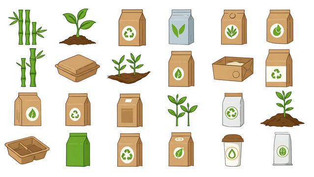 Eco friendly food packaging collection isolated on transparent background