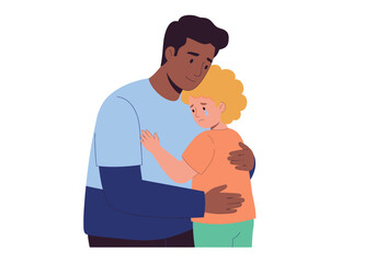 A darkhaired man embracing a blonde tearful child suggesting comfort or consolation