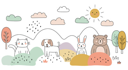 Fototapeta premium Cute Animals in a Landscape, Whimsical Illustration