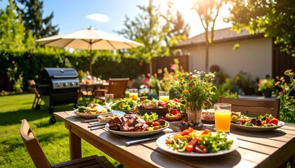 Sunny Backyard Barbecue with Grilled Food and Drinks