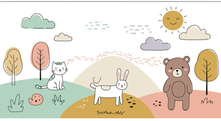 Whimsical Cartoon Animals in Pastel Landscape