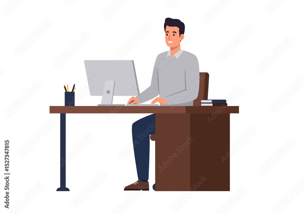 Poster a man is sitting at a desk using a computer he appears to be at work