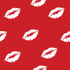 White Kiss Lips Seamless Pattern on Red Background