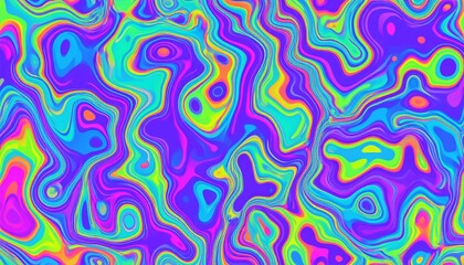 Funky liquid shapes seamless pattern - abstract colorful blobs, drops and splashes forms in psychedelic 60s style on groovy background. Wavy trippy colour curves, fluid retro design