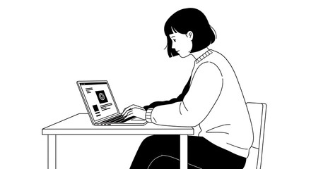Flat vector illustration of young woman working on laptop at desk