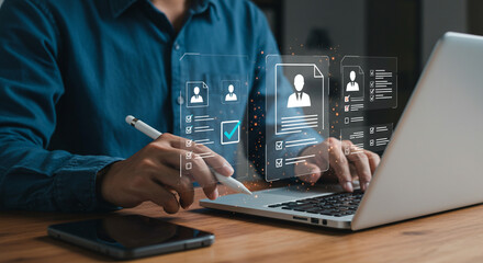A person using a laptop with digital checklist overlays, indicating task management and data processing
