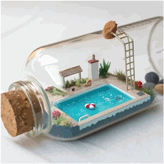 mini swimming pool within glass bottle