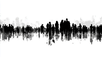 Naklejka premium Silhouette of a large crowd of people reflecting in a watery surface, urban background