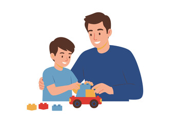 Father and son building toy blocks a red toy car visible among scattered blocks