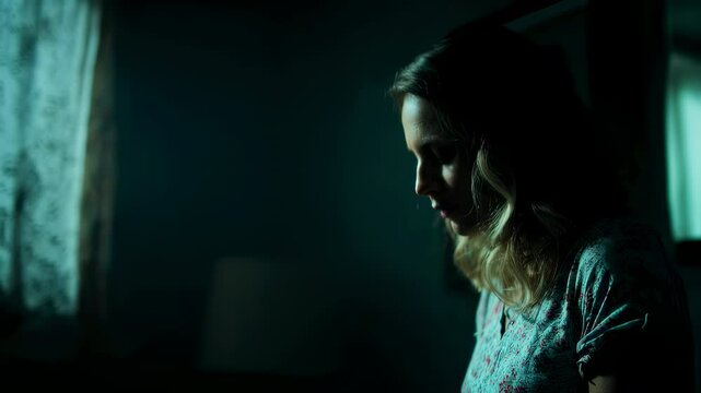 Pregnant woman standing near window with soft curtains, casting contemplative silhouette in shadowy room, embodying deep emotional journey of maternal anticipation