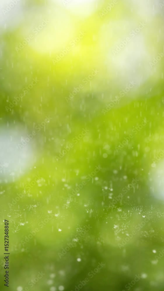 Poster looped realistic rain drops falling down on sunny green nature bokeh vertical loop background.