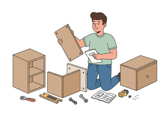 Person assembles furniture using instructions with parts and tools arranged around them