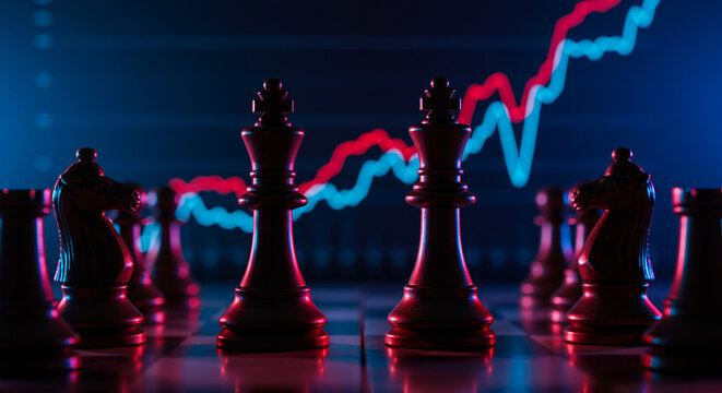 A chessboard with chess pieces set up against a backdrop of stock market graphs in red and blue hues