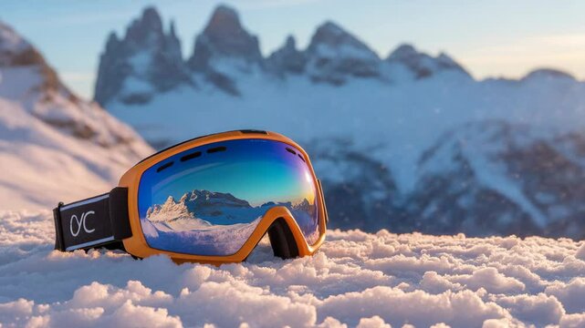 Orange ski goggles on snowy mountain peak reflection in lens winter sports gear