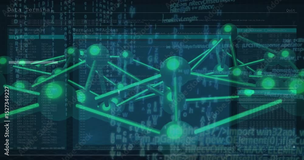 Poster on startup 3d network drifting left and rotating to reveal data terminal visualizing data flow