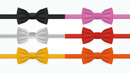 Realistic Bow Ties in Black, White, Red, Orange, Yellow, and Pink – Vector Illustration Isolated on White Background