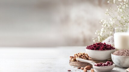 Bowls of Nuts Seeds and Berries with Milk for Healthy Eating
