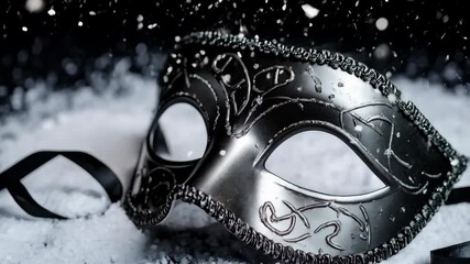 Elegant silver masquerade mask with delicate ornamental details set against a snowy backdrop and black ribbon ties.