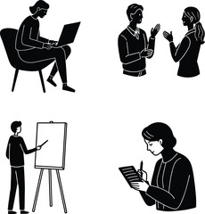 Professional Office Team Collaboration Silhouette Vector Set . Business Meeting And Brainstorming Illustrations