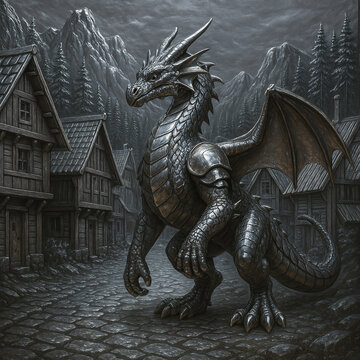 Armored dragon stands tall in a medieval village, surrounded by mountains and pine trees. Dark fantasy art with epic, mythical atmosphere.
