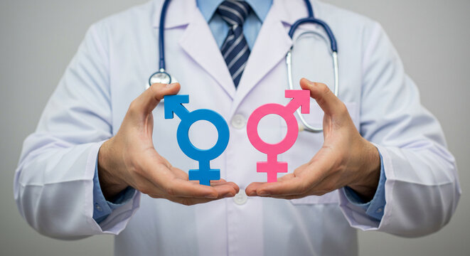 Doctor in white coat holding blue male and pink female gender symbols in his hands with stethoscope