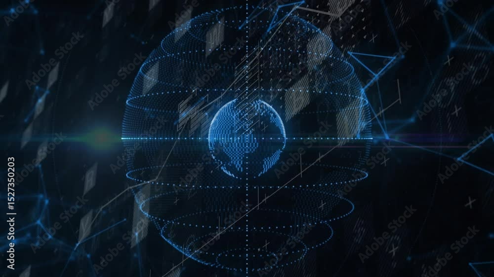 Poster dark network initiating dotted globe rotating rings orbiting shapes sweeping beam highlighting core