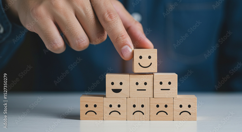 Poster a hand placing a wooden block with a smiling face on top of a pyramid of emotion blocks on a table