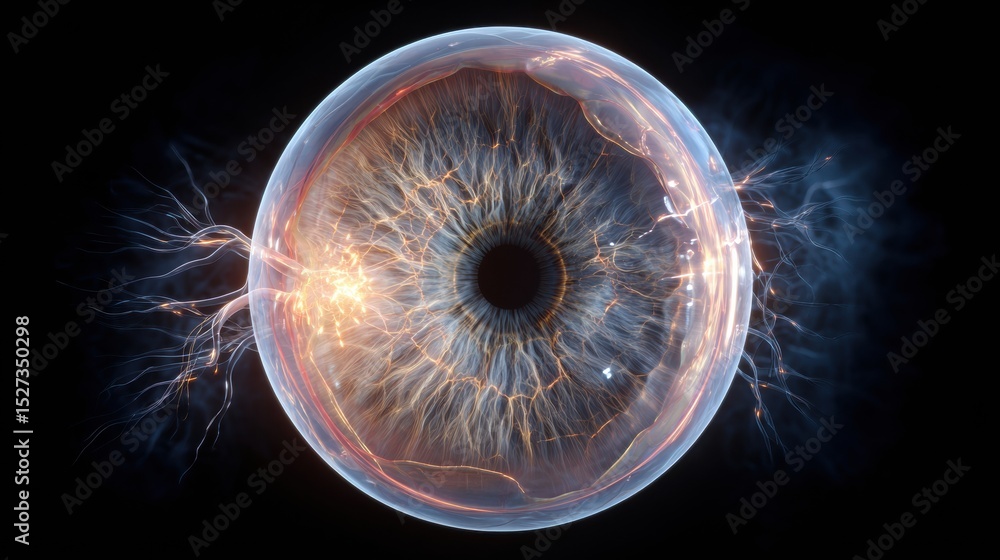 Poster 3D Rendering Showcasing Intricate Optic Nerve and Eye Anatomy With a Futuristic Glow in a Clean Upper Margin