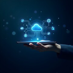  smartphone with 3D holographic network showing central cloud icon linked to security, data, and gear symbols in a high-tech deep blue digital environment
