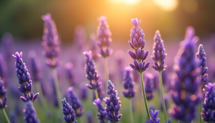 Obraz premium Lavender Field at Sunset with Golden Sunlight and Blurred Background