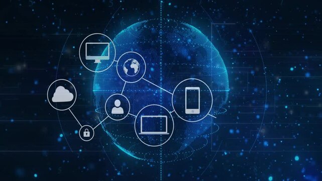 Glowing globe appearing, connecting cloud, padlock, avatar, devices linking network securing data