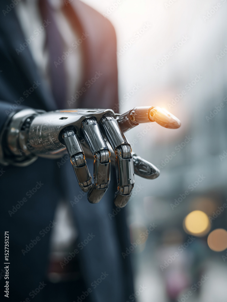 Aufkleber a robotic hand extending from a person in a suit with a blurred background showing city lights