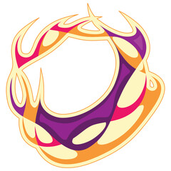 Round border frame in the form of flames crown. Fiery icon with a burning ring. Sports logo or sticker with place for object or initials. Vector background